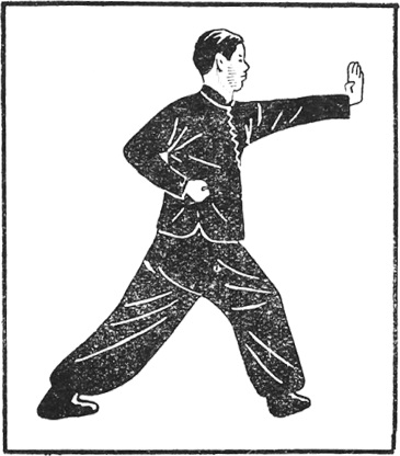 Posture 7 (planche 7) : le pas de retrait à droite, la paume gauche lancée le long du bras droit