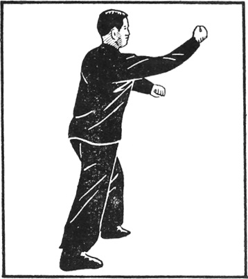 Posture 16 (planche 16) : le pas de la montée oblique, la main gauche scellant, le poing droit en avalanche
