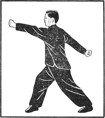 Posture 19 (planche 19) : la rotation du corps, le poing droit fendant vers l’arrière, le gauche venant en avant