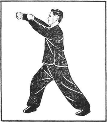 Posture 20 (planche 20) : le poing droit décrit un cercle vers l’avant et heurte la main gauche