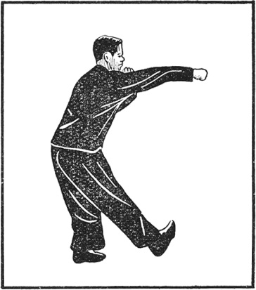 Posture 31 (planche 31) : le poing droit jailli de la taille, heurtant la paume gauche à mi-chemin