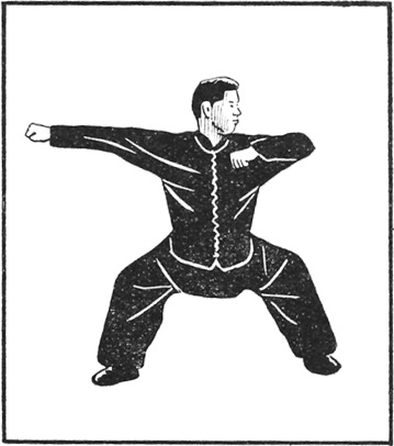 Posture 34 (planche 34) : la posture du cheval, le poing droit balayant vers l’arrière, le gauche revenu près de l’épaule