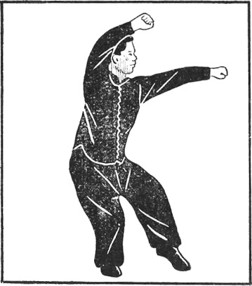 Posture 48 (planche 48) : la paume droite balayant par en bas, puis couvrant la tête, le pas de chevaucher le tigre à gauche