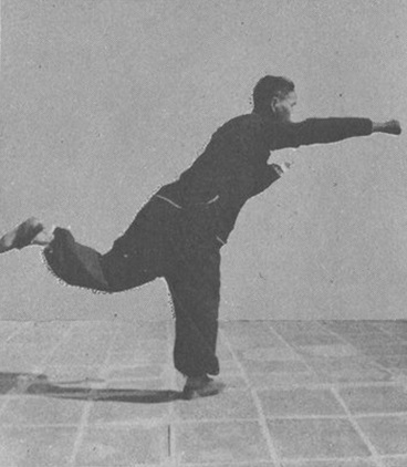 Posture 11a : la jambe arrière relevée sur la pointe, les mains en place