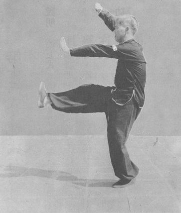 Posture 12b : la jambe droite pousse vers l&rsquo;arrière, la paume gauche avec elle