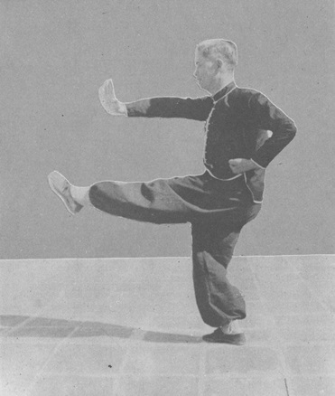 Posture 17 : la jambe gauche frappe, la paume droite sur le dessus du pied