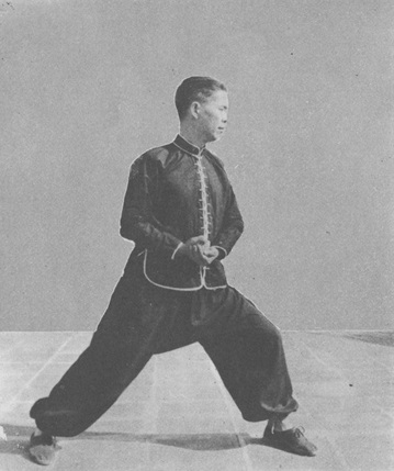Posture 7 : le poing droit pousse à l&rsquo;abdomen, la paume gauche vient à sa rencontre