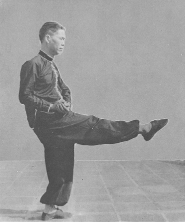 Posture 8 : le pied droit frappe, jambe tendue