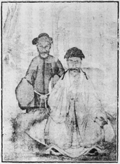 Peinture conservée par la famille Chen, reproduite dans le manuel de 1932 : Chen Wangting assis, Jiang Fa debout tenant un grand saber (坐者陳王廷像立者蔣發像)