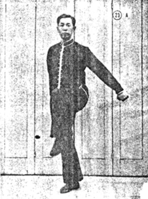 Posture 23 : sur une jambe, le poing gauche abattu le long du genou — planche de la publication de 1971