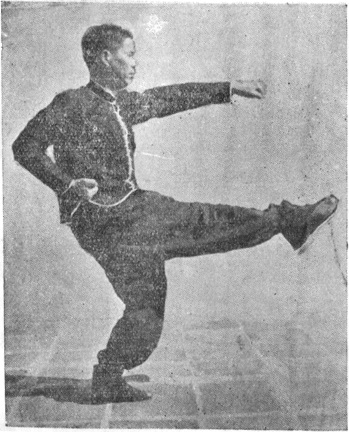 Posture 8b, position finale : le poing gauche et la jambe droite partis ensemble, la jambe en croix