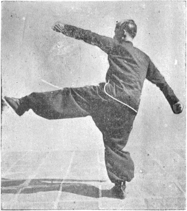 Posture 10, position finale : retourné vers l’est, la main gauche en crochet vers l’arrière et le pied gauche étendu vers l’arrière