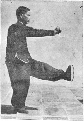 Posture 22b, position finale : le poing droit balayant de biais, le pied gauche ramassant vers la droite