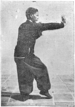 Posture 38, position finale : pas enjambant le tigre à droite, les trois paumes droite, gauche, droite