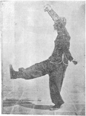 Posture 41b, position finale : le poing droit fendant vers l’arrière-bas, le poing gauche barrant au-dessus de la tête et le pied droit ramassant vers l’est