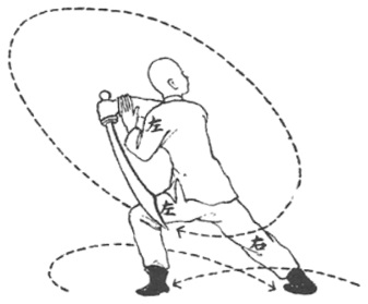 Posture 44 — Reculer d&rsquo;un pas, triple tournoiement du sabre (dessin original de 1932)