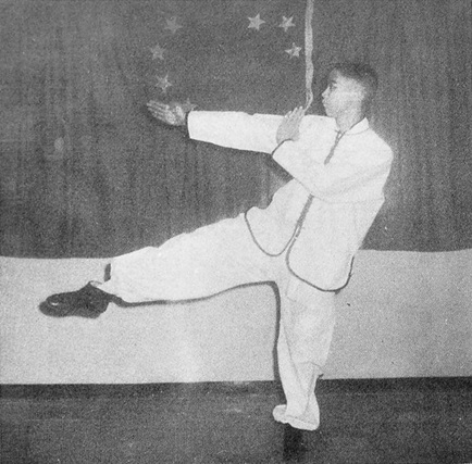 Posture 23 : paume droite longue en avant, paume gauche courte à l’épaule, jambe droite sortie