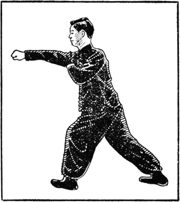 Posture 13 (dessin 13) : les deux mains scellant vers la droite, le poing droit partant au thorax