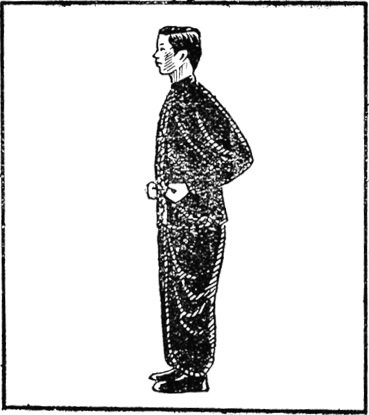 Posture 1 (dessin 1b) : les deux poings serrés et tenus près du corps, face à l’est, force accumulée