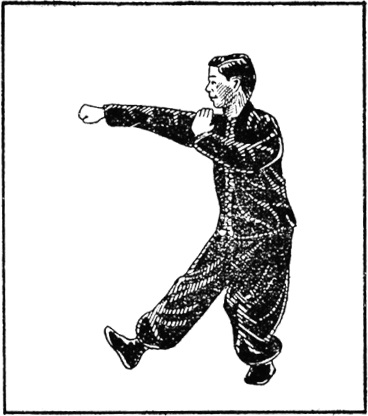 Posture 2 (dessin 2) : la paume gauche et le poing droit se heurtent, le poing jaillissant droit devant