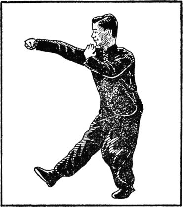Posture 4 (dessin 4) : avançant d’un pas, le crochet renversé de la main droite se glisse sous le bras adverse