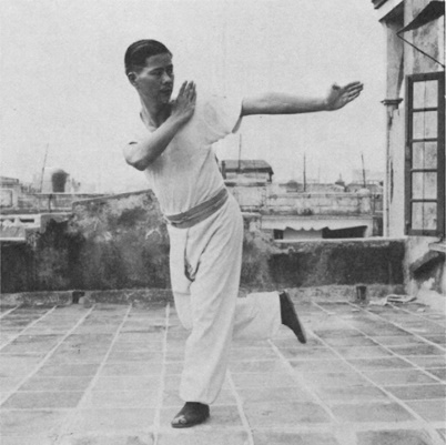Posture 16 : coup de pied droit vers l’arrière, les deux paumes écartant derrière — photographie de l’édition de 1971