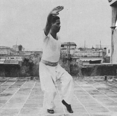 Posture 20b : enjamber le tigre à gauche, la paume droite au-dessus de la tête, la main gauche en crochet derrière — photographie de l’édition de 1971