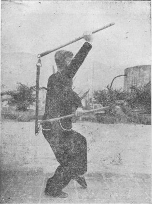Posture 5, figure finale (planche 5c) : le pas de « chevaucher le tigre » gauche, le bâton replié en bas à droite