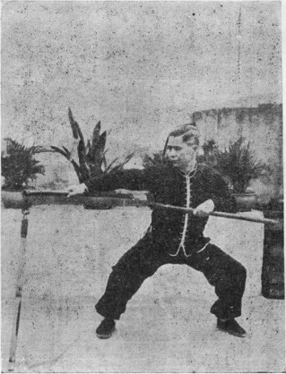 Posture 16, figure finale (planche 16) : le pas du cavalier, le bâton abattu vers l&rsquo;ouest en position verticale