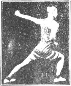 Figure 12 du manuel original de 1922 (教門彈腿圖說) — Première ligne : frapper et balayer comme une palanche (第一路\u3000衝掃似扁擔)
