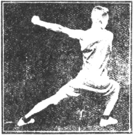 Figure 14 du manuel original de 1922 (教門彈腿圖說) — Première ligne : frapper et balayer comme une palanche (第一路\u3000衝掃似扁擔)