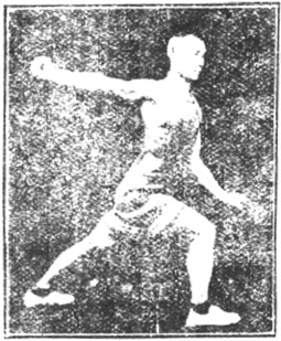 Figure 17 du manuel original de 1922 (教門彈腿圖說) — Première ligne : frapper et balayer comme une palanche (第一路\u3000衝掃似扁擔)