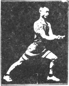 Figure 4 du manuel original de 1922 (教門彈腿圖說) — Première ligne : frapper et balayer comme une palanche (第一路\u3000衝掃似扁擔)
