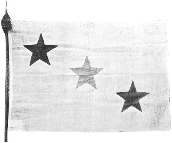 Le drapeau de l&rsquo;association : fond blanc, trois étoiles en diagonale