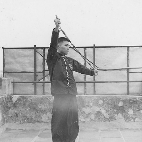 Première posture : le fouet tendu en diagonale et barré devant le corps