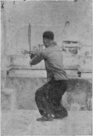 Posture 17 — le pas vrillé vers le nord, le sabre fendant depuis le tranchant à rebours : figure 17 de l&rsquo;édition de 1955