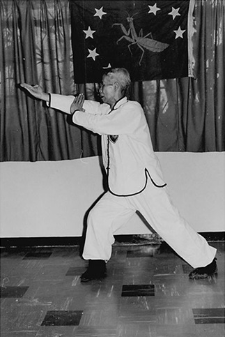 Forme 43 : la paume gauche transperçant de dessous la paume droite, celle-ci balayant vers l&rsquo;avant-gauche — photographie de l&rsquo;édition de 1972