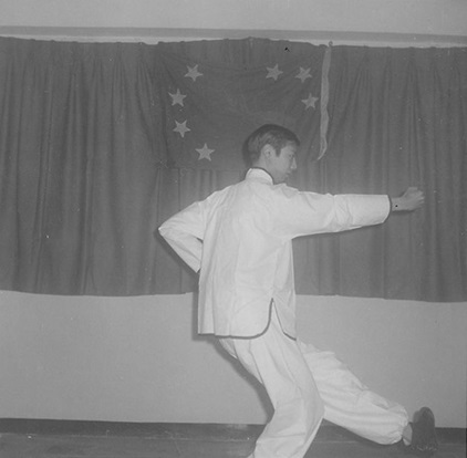 Posture 10 : le poing droit fendant en diagonale, la jambe gauche balayant vers l&rsquo;avant