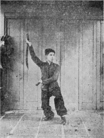 Posture 8, figure finale (planche 8e) : le pas de chevaucher le tigre à gauche, le sabre droit levé, le gauche à la taille droite