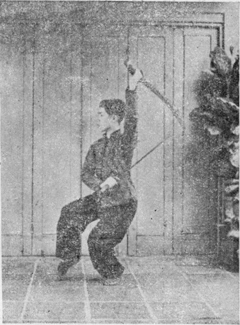 Posture 9, figure finale (planche 9e) : le pas de chevaucher le tigre à gauche, le sabre droit levé