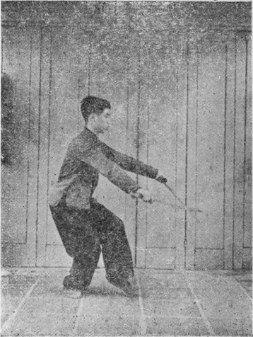 Posture 31 (planche 31) : le pas de chevaucher le tigre à gauche, les deux sabres croisés et descendant, le droit au-dessus