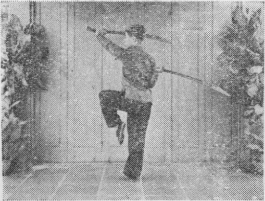Posture 36, position de passage A (planche 36a) : le demi-tour à gauche, le pied gauche levé, les sabres balayant vers le haut