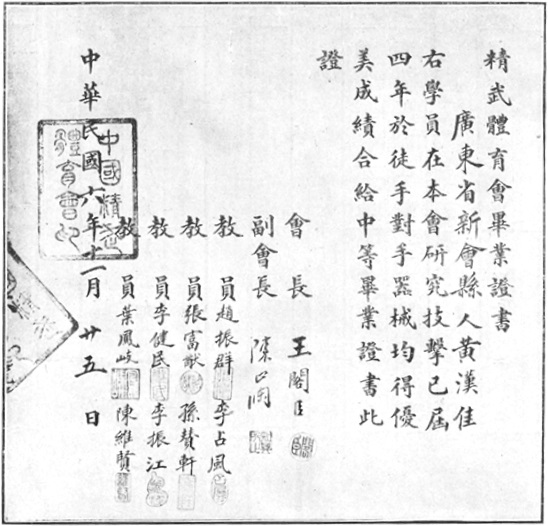 Reproduction du diplôme de la section de boxe de l’Association athlétique Jingwu, 1917