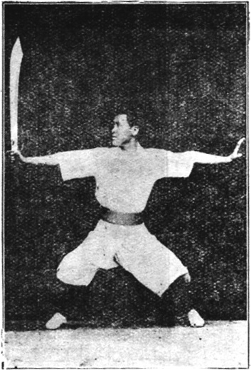 Figure 9, vue de côté (planche complémentaire) : le sabre présenté, bras tendu