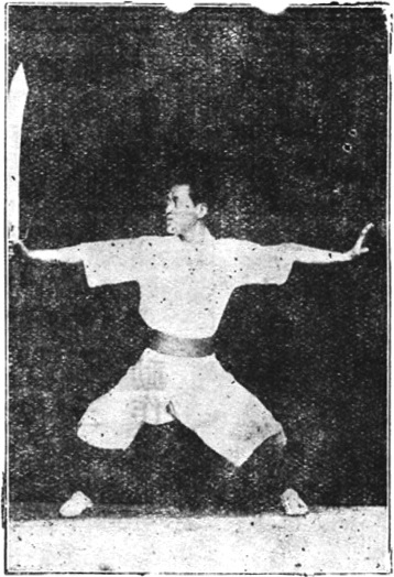 Figure 19, vue de côté (planche complémentaire) : le sabre présenté, bras tendu