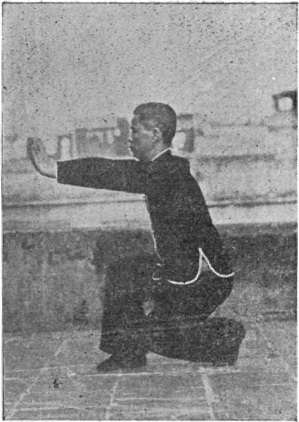 Posture 6 : pas de l&rsquo;anneau droit, les deux paumes pressent droit vers le bas — planche de l&rsquo;édition de 1957