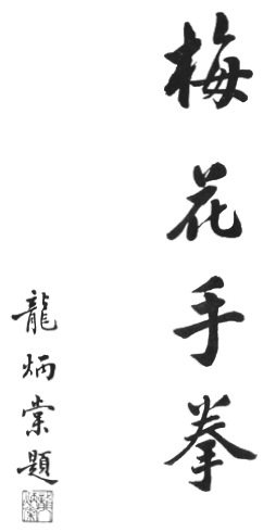 Calligraphie du titre 梅花手拳, « la boxe de la main de la fleur de prunier », due à Long Bingtang — planche de l&rsquo;édition de 1958