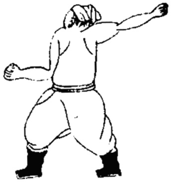 Dessin de la posture 11, « jeter le cadre » : figure de l&rsquo;édition du Jixiao xinshu (1560) reproduite avec son texte dans l&rsquo;article de Brennan