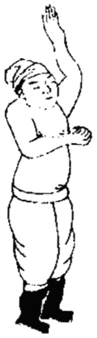 Dessin de la posture 26, « la main tournée vers le soleil » : figure de l&rsquo;édition du Jixiao xinshu (1560) reproduite avec son texte dans l&rsquo;article de Brennan