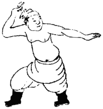Dessin de la posture 28, « la posture à califourchon sur le tigre » : figure de l&rsquo;édition du Jixiao xinshu (1560) reproduite avec son texte dans l&rsquo;article de Brennan